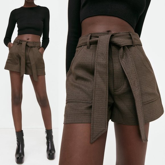 Zara Pants - NEW Zara Houndstooth Checker Plaid High Waist Self Tie Belt Shorts Dark Brown S